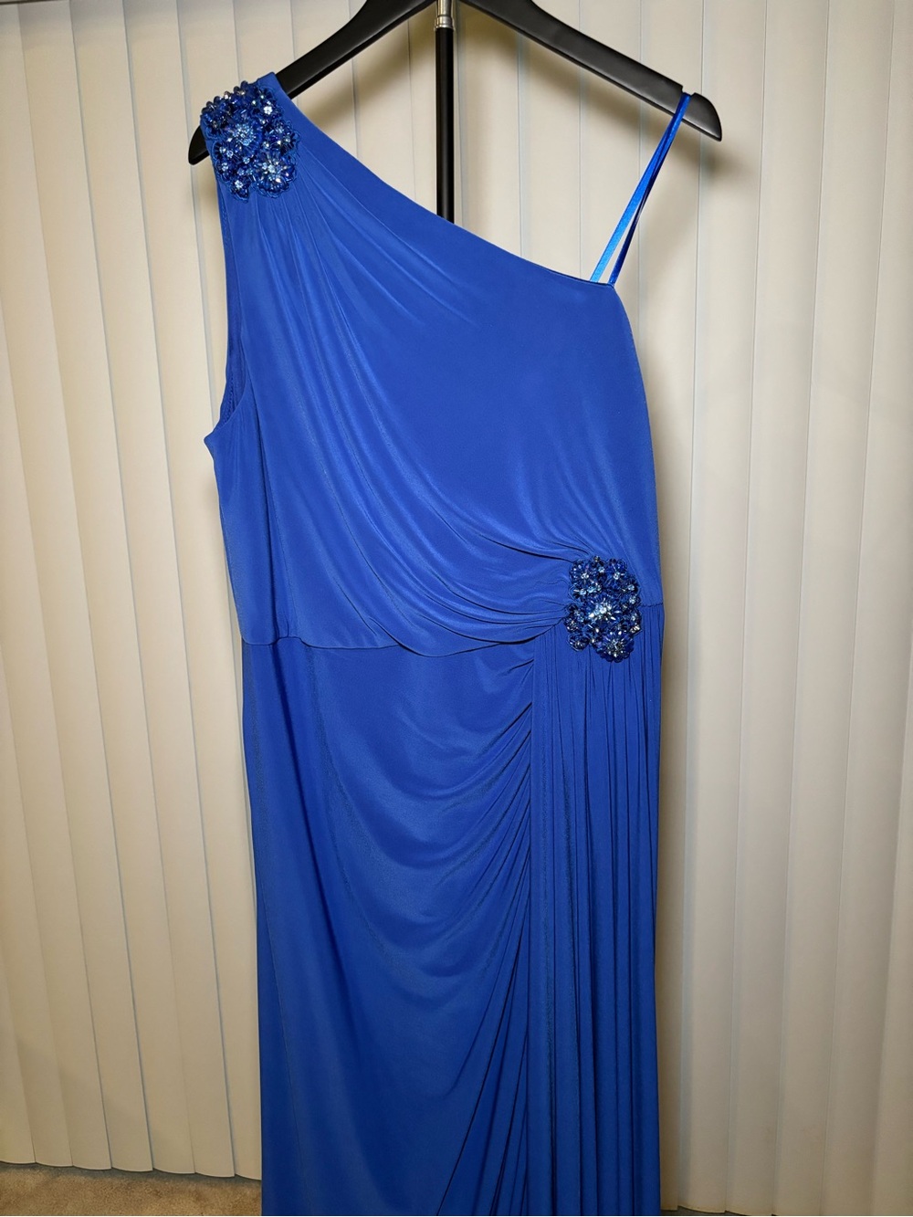 Adrianna Papell Cobalt One-Shoulder Draped Gown with Beaded Accents 16W